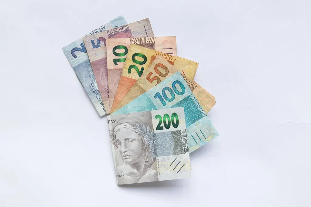 Cédulas de real de vários valores abertas em leque sobre fundo branco